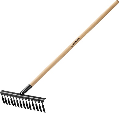 GRINDA GS-14 WOOD, 14 витых зубцов, размеры 445х95х1300 мм, углеродистая сталь, антикор. покрыт., черенок дерев. высш. сорт, садовые грабли(39581-14)39581-14