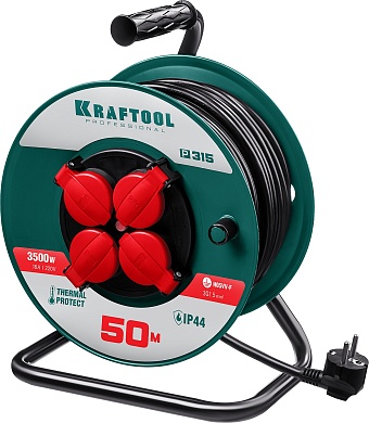 KRAFTOOL P-315, ПВС 3х1.5 50м, 3500Вт IP44, Силовой удлинитель на катушке (55084-50)55084-50