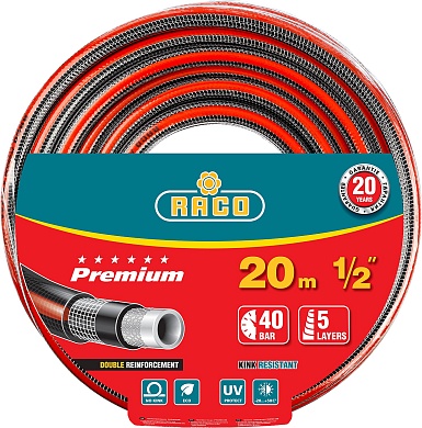 RACO PREMIUM, 1/2″, 20 м, 40 атм, пятислойный, усиленный двумя слоями армирования, поливочный шланг (40300-1/2-20)40300-1/2-20_z01