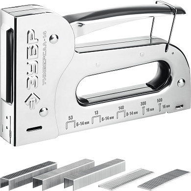 ЗУБР Универсал-14 6-в-1: 53 (A/10/JT21) 23GA (6-14 мм)/140 (G/11/57) 20GA(8-14 мм)/53F/13/300/500, Универсальный стальной степлер (31527)31527
