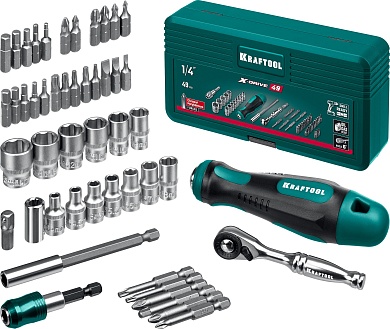KRAFTOOL X-Drive 49 шт, Набор бит и головок с битодержателем и трещоткой (25816)25816