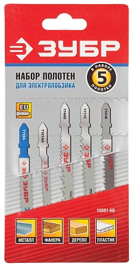 ЗУБР T-хвост., по дереву и металлу, 5шт., Набор полотен для лобзика (15591-H5)15591-H5