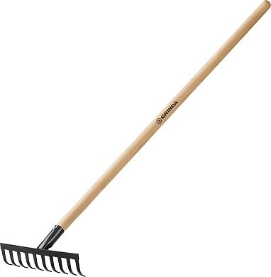 GRINDA GT-10 WOOD, 10 прямых зубцов, размеры 260х80х1300 мм, углерод. сталь, антикор. покрыт., черенок дерев. высш. сорт, садовые грабли (39583-10)39583-10