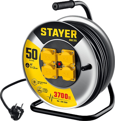 STAYER PRO 315 КГ 3х1.5 50м 3700Вт IP44, Силовой удлинитель на стальной катушке (55077-50)55077-50_z01