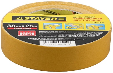 STAYER 38 мм, 25 м, на тканевой основе, Двухсторонняя клейкая лента, PROFESSIONAL (1217-38-25)1217-38-25