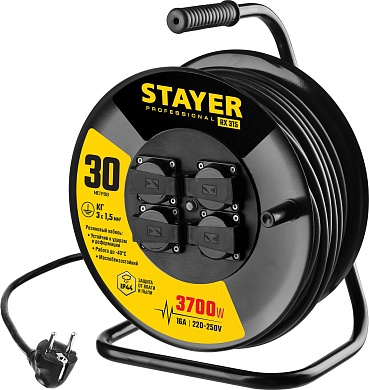 STAYER RX-315 КГ 3х1.5 30м 3700Вт IP44, Силовой удлинитель на стальной катушке (55077-30)55077-30