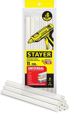 STAYER Universal 11х200 мм, 6 шт, Универсальные клеевые стержни прозрачные, (2-06821-T-S06)2-06821-T-S06
