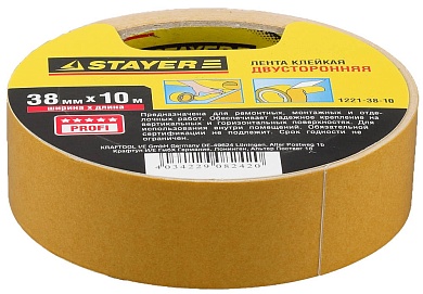 STAYER 38 мм, 10 м, на полипропиленовой основе, Двухсторонняя клейкая лента, MASTER (1221-38-10)1221-38-10