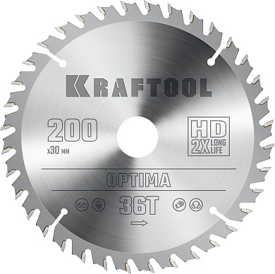 KRAFTOOL Optima 200х30мм 36Т, диск пильный по дереву36951-200-30