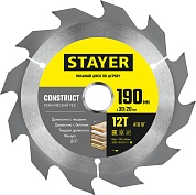 STAYER CONSTRUCT 190 x 30/20мм 12Т, диск пильный по дереву, технический рез3683-190-30-12_z01