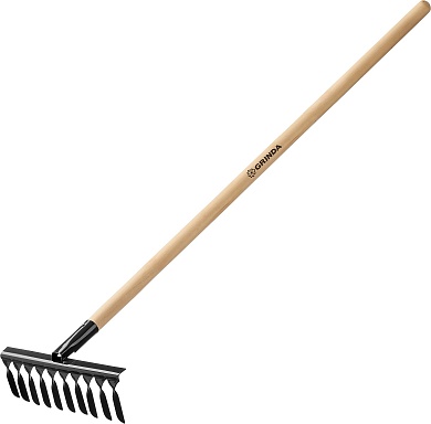 GRINDA GS-10 WOOD, 10 витых зубцов, размеры 320х95х1300 мм, углеродистая сталь, антикор. покрыт., черенок дерев. высш. сорт,садовые грабли (39581-10)39581-10
