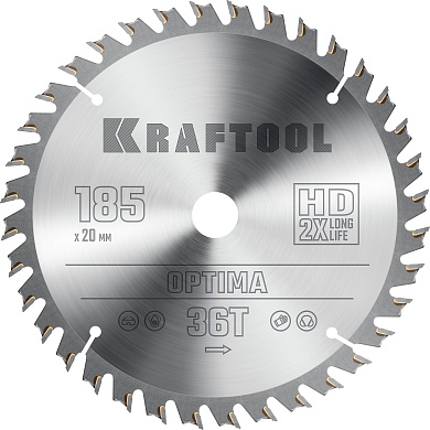 KRAFTOOL Optima 185х20мм 36Т, диск пильный по дереву36951-185-20
